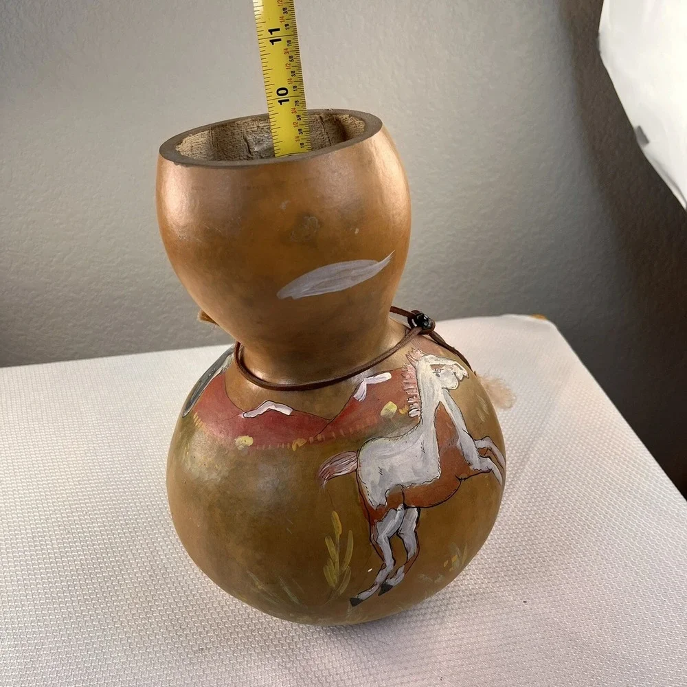 Hand Painted Horse Heads Gourd Art Pot Vase, Signed 10